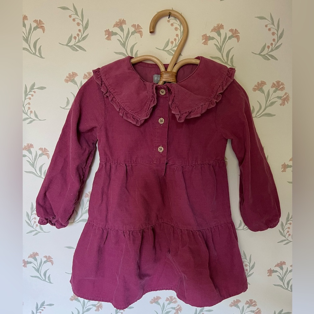 Pink Peter Pan Collar Ruffle Corduroy Dress